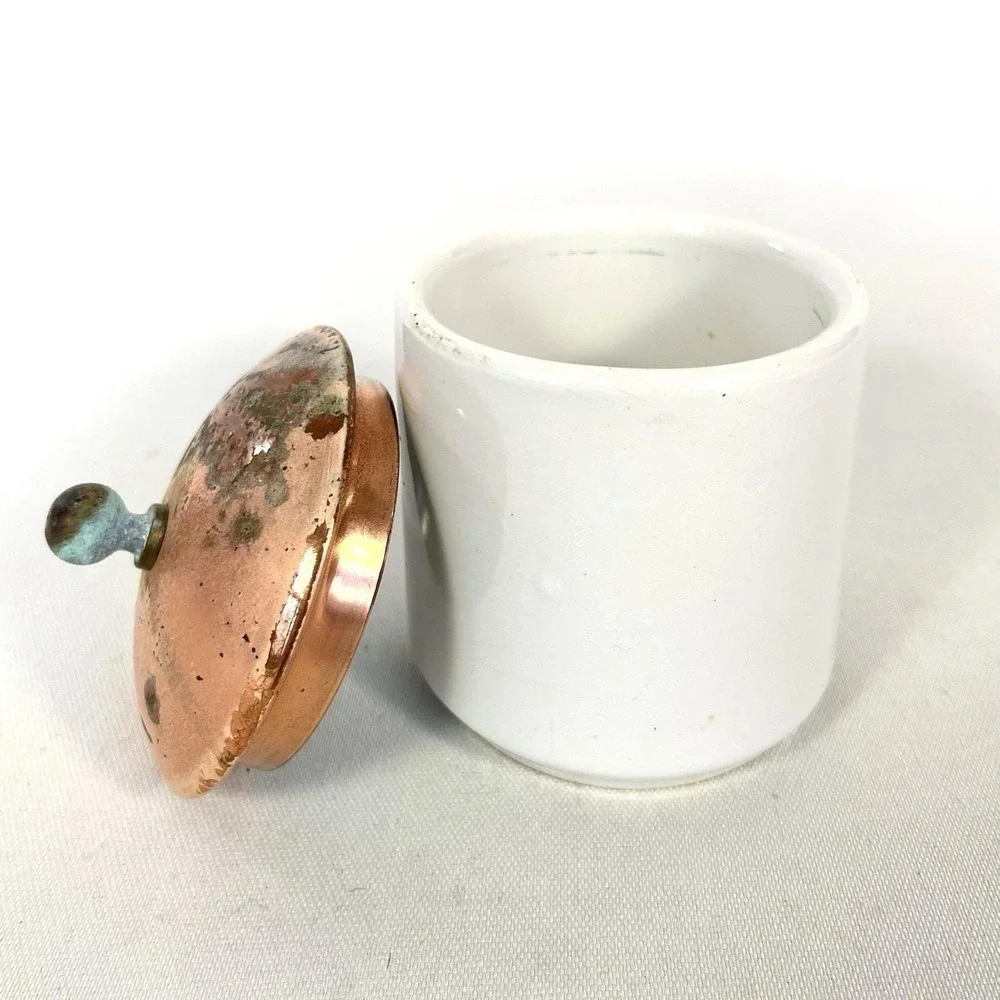 Vintage‎ White Ceramic Mini Canister Copper Lid Rustic Farmhouse Decor